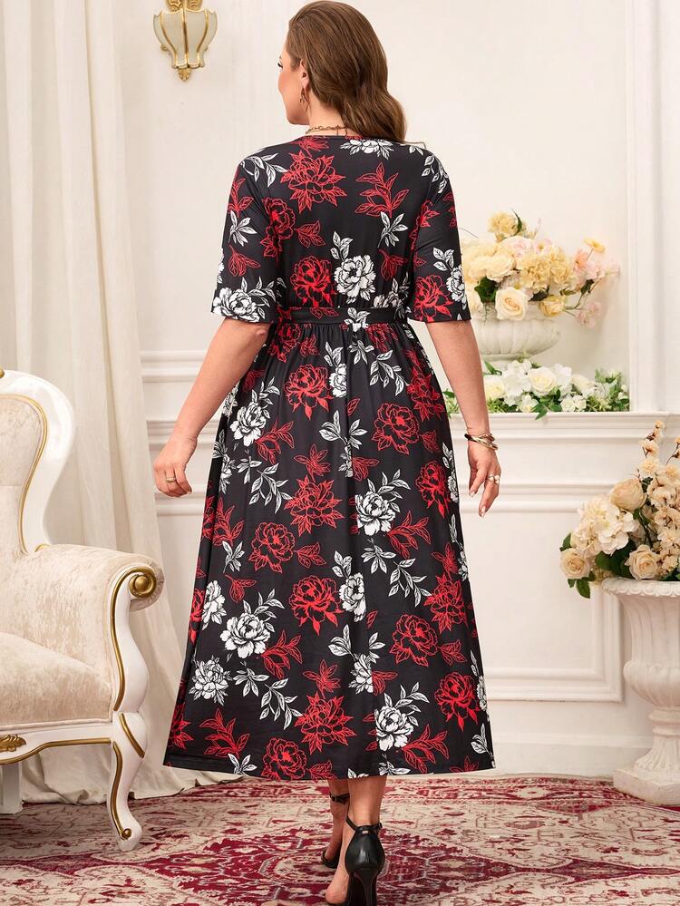 Elegant Multicolor Knitted Fabric Floral Midi Dress With V Neck And Flared Hem Plus Size