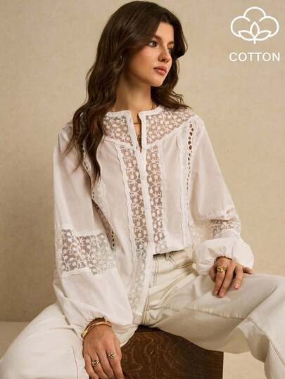 Poéselle 女士花卉刺绣网纱灯笼袖单排扣休闲衬衫