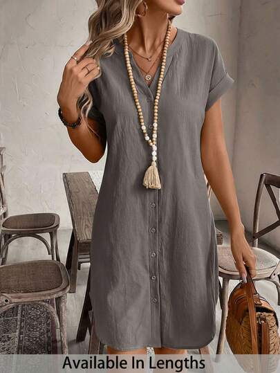 SHEIN Tall CURVE Plus Size Solid Color Notched Neck Button Front Short Sleeve Dress, Summer Dresses