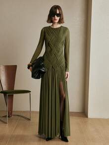 Arave Women's Knitted Elastic Mesh Fabric Crew Neck Raglan Sleeve Asymmetrical Patchwork Design Elegant Date Long Dress - Army Green - View 4