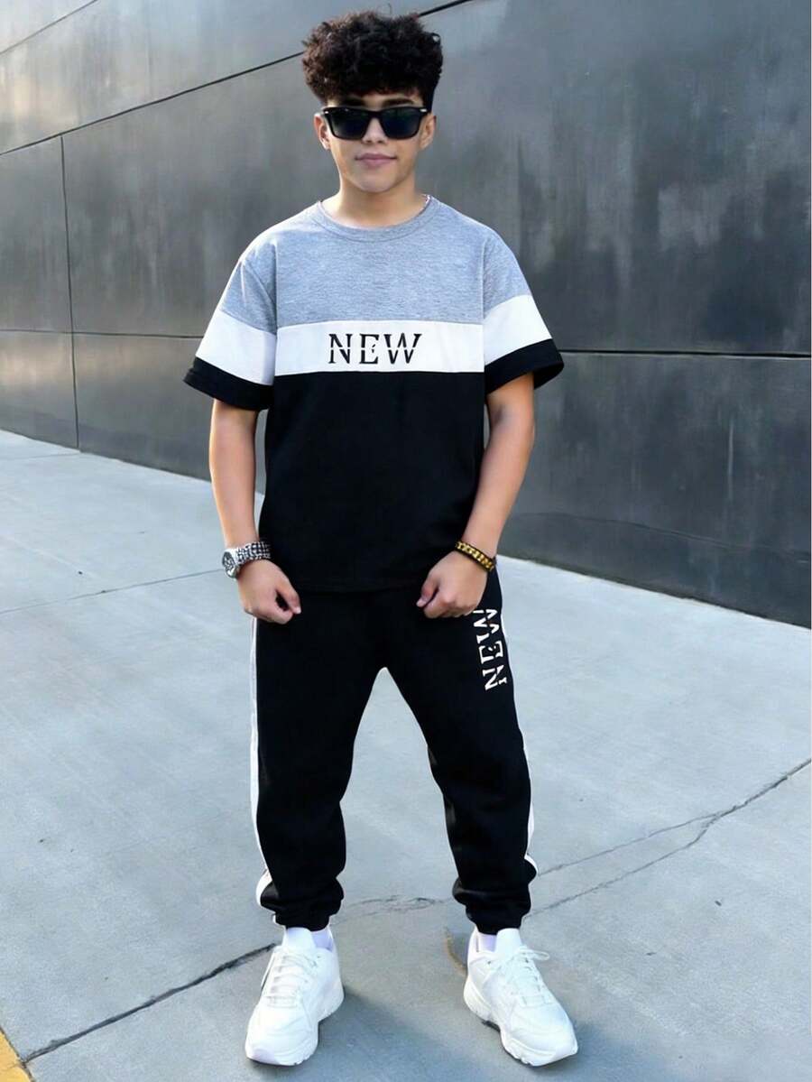 SHEIN 两件套男童休闲撞色字母印花圆领短袖T恤短裤套装,适合通勤、上学、日常休闲、运动、春夏、返校季穿着 - 彩色 - 查看 1