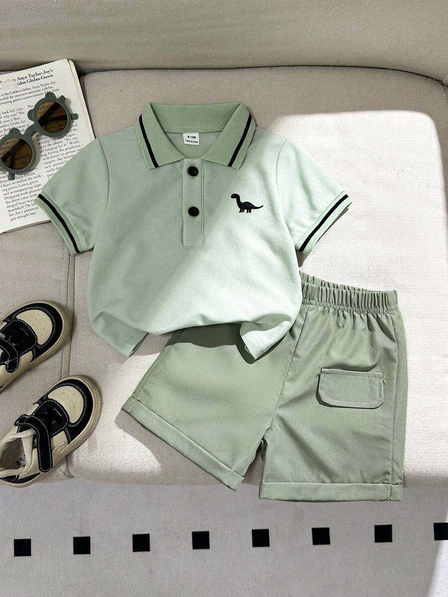 Souflis Souflis Conjunto informal de camisa polo de manga corta con estampado de dinosaurio y pantalones cortos para bebé niño, primavera/verano - Multicolor - Ver 1