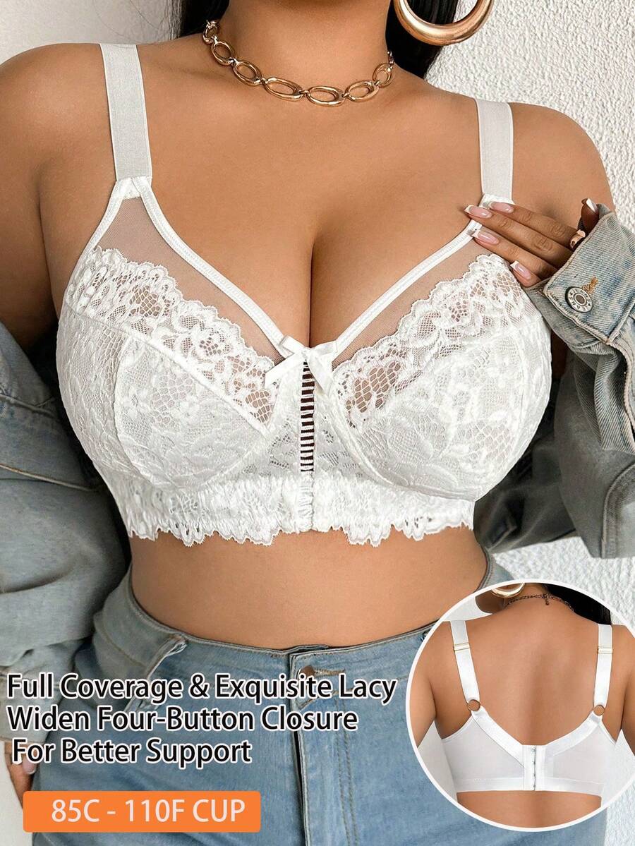 DesireSculpt 1 pieza Sujetador inalámbrico de encaje de unicolor con decoración de lazo para tallas grandes - Blanco - Ver 1