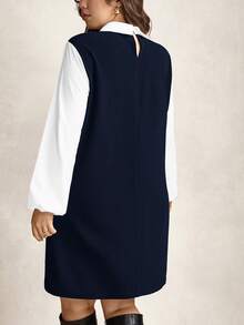 Zelara 大码女装秋冬格子图案撞色袖衬衫领长袖休闲连衣裙感恩节服装节日派对连衣裙女式派对连衣裙 - 藏蓝色 - 查看 2