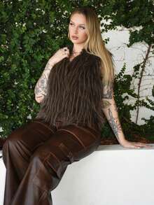 Arliah Giacca casual elegante e versatile in stile vintage con collo in pelliccia sintetica marrone, senza maniche, con chiusura a gancio, gilet in pelliccia sintetica marrone, cappotto in pelliccia sintetica marrone oversize casual e caldo per l'autunno e l'inverno, abbigliamento autunnale, abiti di Ognissanti, accessori autunnali e invernali, stile old money, Ognissanti - Castano - Visualizzare 5