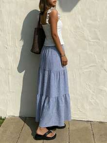 Pariaura 2026 New Arrival Blue White Plaid Maxi Skirt Women's Casual Commute Vacation Style Elastic Smocked High Waist Simple A-Line Long Skirts Blue Gingham Long Summer Skirt Picnic Outfit Women Gingham Skirt Checkered Skirt - Multicolor - View 2