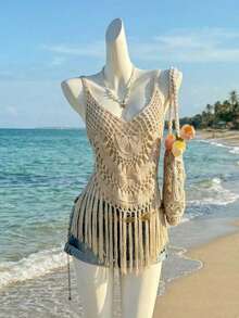 Selianne Casual Vacation Style Handmade Crochet Fringe Strap Knit Tank Top For Women, Spring/Summer - Apricot - View 1