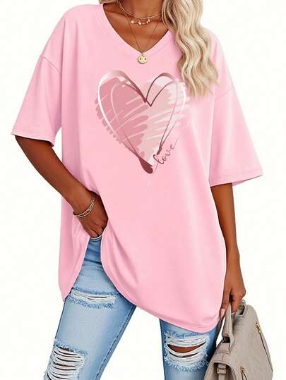 EMERY ROSE 情人节短袖T恤，V领心形图案T恤，适合春夏穿着，女装，图案T恤，女式宽松T恤，加大码图案T恤，心形T恤，女式宽松T恤