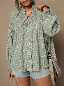 SHEIN VCAY 大码复古碎花宽松长袖女式衬衫 - 薄荷綠 - 查看 5