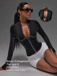 Dewbera Black Casual Versatile White Stripe Slim Fit Zipper Thumb Hole Yoga Sports Fitness Chic Autumn Jacket - Black - View 1