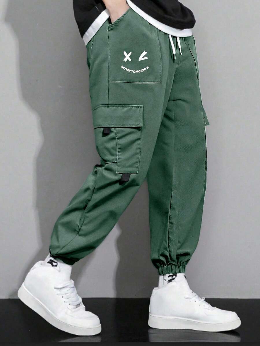 Teen Boy Smiling Face Drawstring Waist Cargo Pocket Street Fashion ...