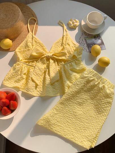 Comfortcana Set de 2 piezas de top de tirantes y shorts de cuadros amarillos tejidos para vacaciones y uso casual