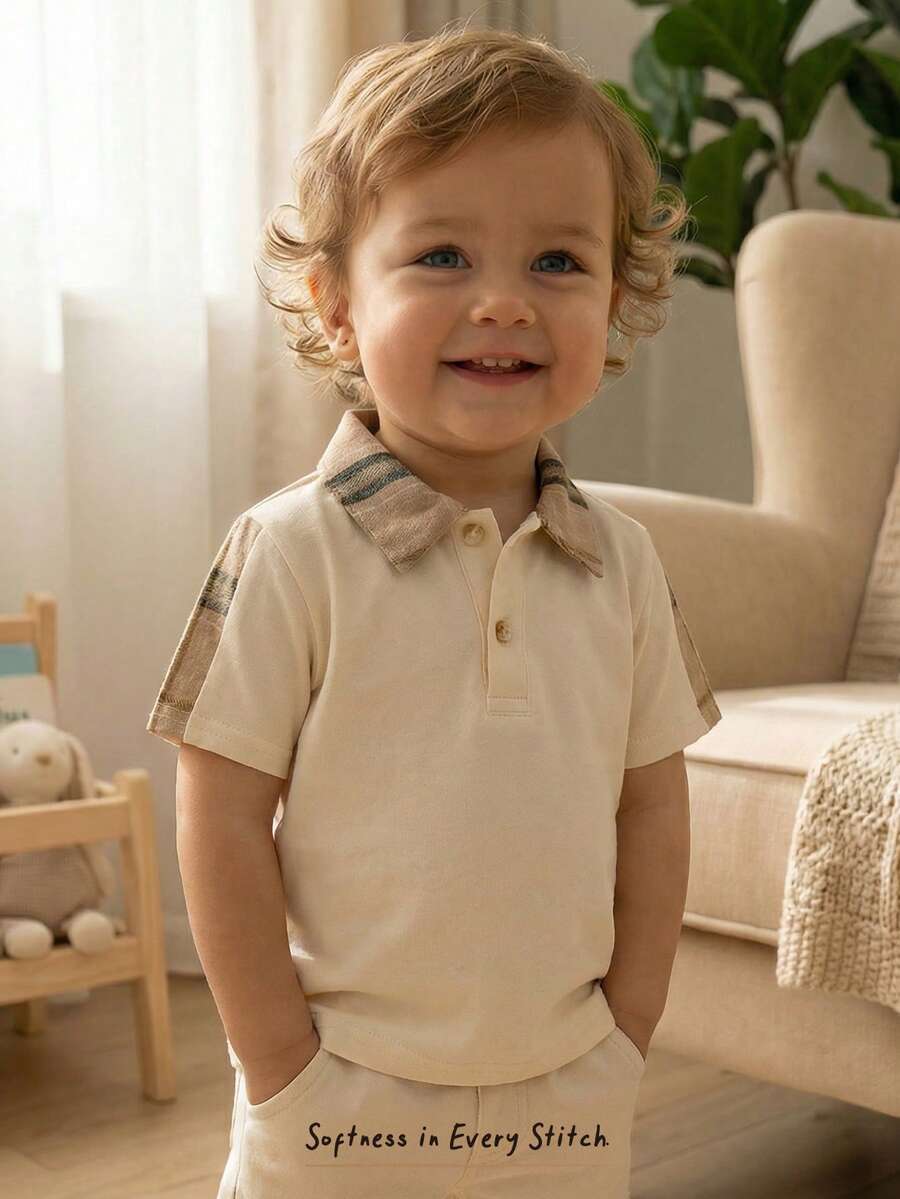 Cozy Pixies 男婴撞色格子领短袖半开襟套头衫 - 杏色 - 查看 1