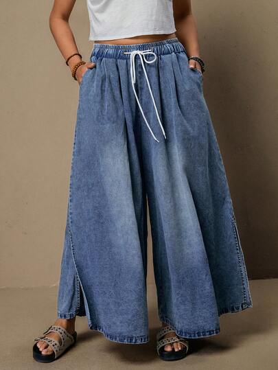 Freevana Plus Size Solid Color Casual Jeans, Valentine's Day, Plus Size Wide Leg Jeans, Loose Wide Leg Denim Pants, Drawstring Elastic Waist Jeans, 9/10 Length Wide Leg Jeans, Light Wash Denim Pants, Versatile Office & Vacation Jeans, Date & Afternoon Tea Jeans, Date Jeans, Afternoon Tea Jeans, Vacation Wide Leg Jeans, Vacation Wide Leg Jeans, Spring Summer Date , Spring Summer Date , Resort Style Wide Leg Jeans, Spring Summer Vacation Jeans, Spring Summer Vacation Jeans, Urban Casual Denim Pants, City Vacation Style Jeans, City Vacation Style Jeans, City Vacation Style Jeans, Spring Break Jeans, Spring Break Jeans, Holiday Travel Jeans, Vacation & Casual Wide Leg Jeans, Boho Date Wide Leg Jeans, Summer, Carnival, Beach, Party, Elegant Party , Going Out