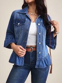 SHEIN Tall Women's Casual Denim Jacket With Bell Sleeves, Single-Breasted, And Ruffle Hem - Blue - View 3