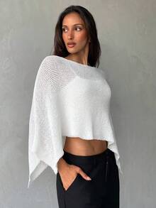 Aloruh Suéter de punto transparente elegante para primavera/verano, vacaciones en la playa para mujeres, blusa para salir para mujeres, blusa de verano, vacaciones de verano, poncho de punto blanco - Albaricoque - Ver 7