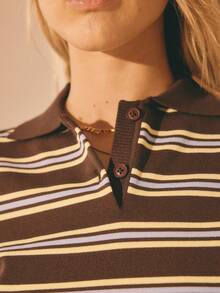 Aralina 女士夏季条纹 Polo 衫，纽扣门襟短袖针织衫，休闲女装 - 彩色 - 查看 5