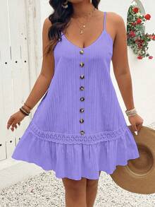 Breezaya Plus Size V-Neck Sleeveless Front Button Ruffle Hem Textured Slip Dress - Lilac Purple - View 3