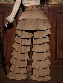 Slaydiva Jeans de mezclilla de unicolor con diseño de capas de moda para mujer - Café integral - Ver 2