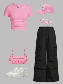 SHEIN EZwear 女士加大码纯色圆领短袖上衣搭配阔腿工装裤休闲套装 - 彩色 - 查看 1