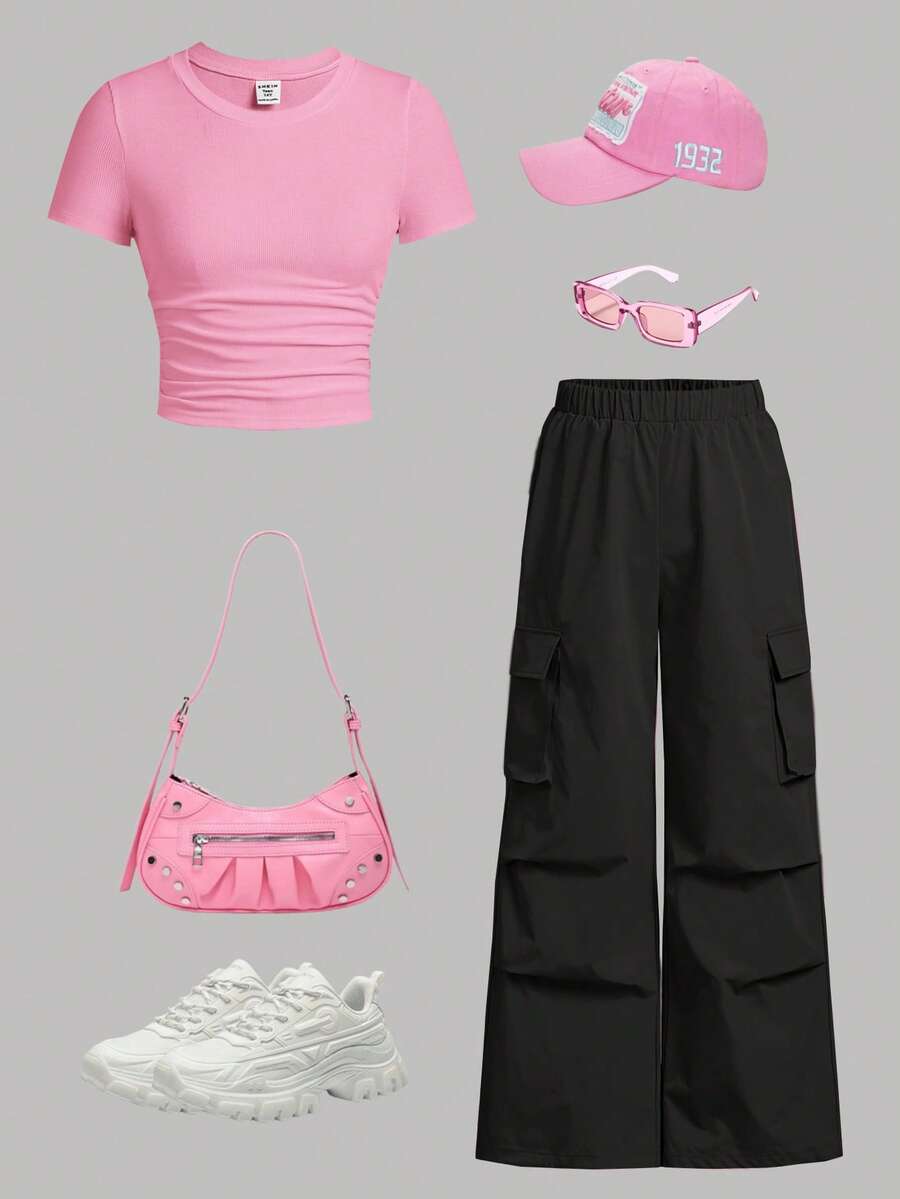 SHEIN EZwear 女士加大码纯色圆领短袖上衣搭配阔腿工装裤休闲套装 - 彩色 - 查看 1