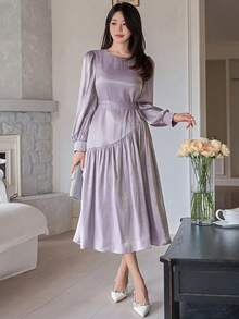 DAZY Women's Elegant Solid Color Lantern Sleeve Mid-Length Dress Maxi Dress Sundress - Purple - View 6