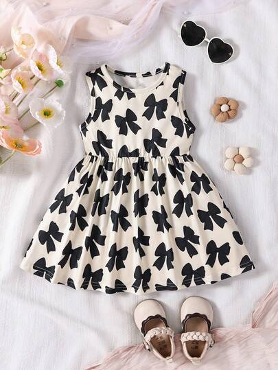 SHEIN 女婴蝴蝶结印花圆领无袖休闲连衣裙