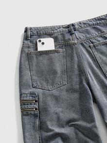 ROMWE MEN Men's Loose Fit Pocketed Zipper Design Wide Leg Casual Denim Shorts - Black - View 5