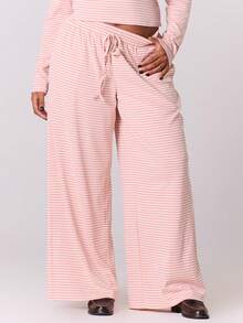 MUSERA Plus Wide Leg Baggy Drawstring Stripe Trousers Only Casual Cute Cosy   Night In Spring Valentines Day - Pink - View 1
