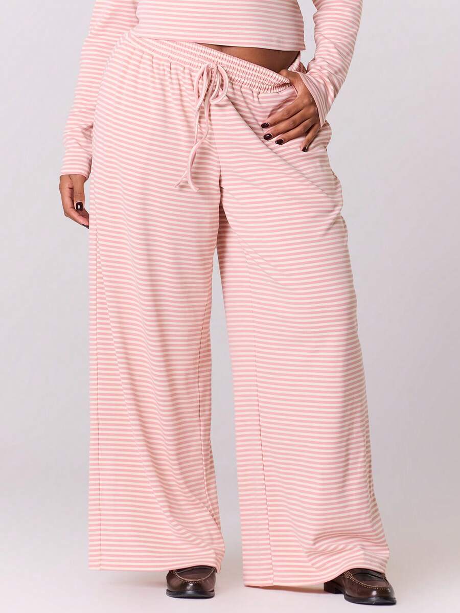 MUSERA Plus Wide Leg Baggy Drawstring Stripe Trousers Only Casual Cute Cosy   Night In Spring Valentines Day - Pink - View 1