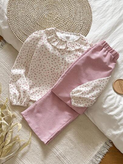 Vintaside Kids Everyday Casual Tween Girls Multicolor Long Sleeve Blouse With Ruffle Neck And Matching Long Pants