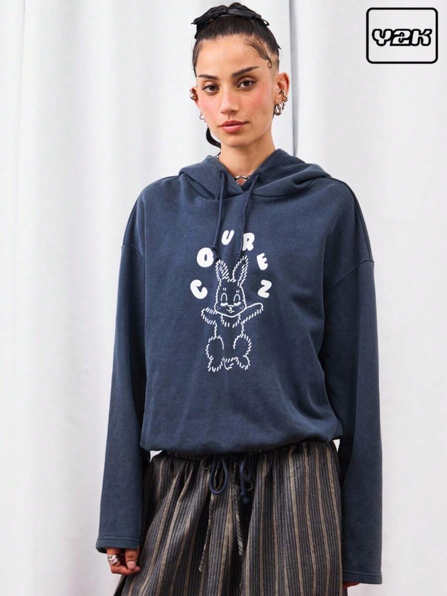 COUREZ Bunny Print Boxy And Cropped Hoodie /Y2K  Women Clothes  Clothes Cute Tops  Tops Going Out Tops Going Out Outfits Back To School - Black - View 1