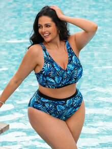 Swim Lushoire Plus Size Blue Tropical Palm Leaf Print Tankini Swimwear For Women, Halter V-Neck Swimwear, Black Summer Beach Vacation Holiday Spa Resort - Multicolor - View 6