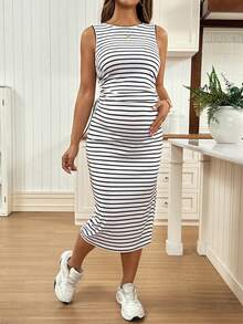 SHEIN 孕妇条纹圆领侧系腰带休闲无袖连衣裙 - 黑與白 - 查看 3