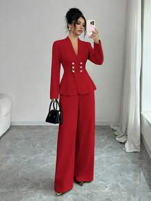 Elenzga 女士V领双排扣金属装饰纽扣收腰长袖外套和直筒裤套装，优雅职业装 - 紅色 - 查看 3