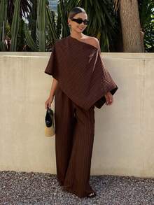 Livesso Spring & Summer Loose Casual Vacation Style Fashion Brown Shoulder Design Pullover Cover Up & Straight Leg Wide Leg Pants 2 Pieces Set For Women