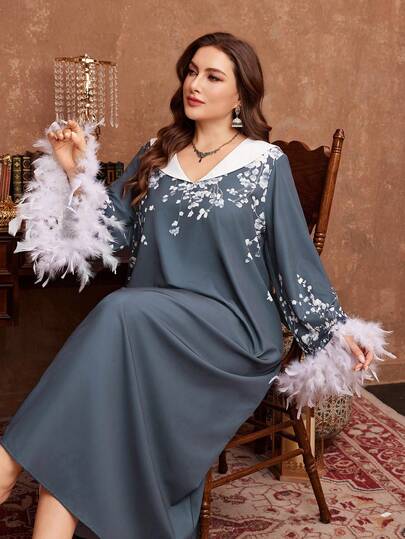 Al Najma Printed Pattern Cuff Patchwork Feather Collar Loose Long Sleeve Comfortable Versatile Traditional Fashionable Elegant Gray-Green Turkish/Arabic Style Long Robe