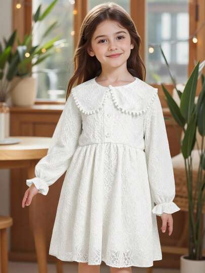 女童彼得潘领蕾丝边印花连衣裙，适合休闲、优雅、复古、假日等场合穿着