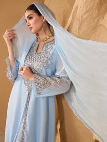 Al Najma Fashionable New Heavy Embroidered Collar Women's Arabic Dress - Baby Blue - View 7