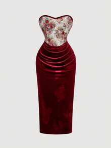 SHEIN MOD 大码女士复古花卉束身拼接无肩带长裙，勃朗特红 – 浪漫复古宫廷礼服，适合约会、派对、舞会、节日和生日穿着 - 彩色 - 查看 5