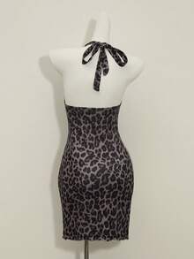 Franclia Vestido mini elegante y ajustado con cuello en V y cintura anudada con estampado de leopardo para mujer - Café integral - Ver 2