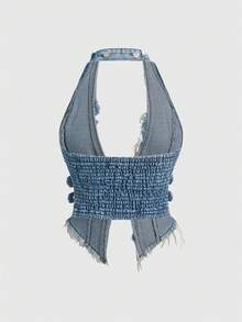 ROMWE Hippie Women's Sexy Deep V-Neck Sleeveless Denim Top With Fringe Hem And Waist Buckle Design - Light Wash - View 2