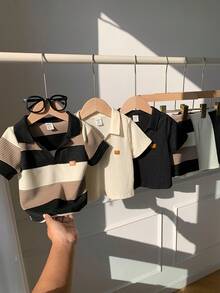 SHEIN 6pcs/Set Unisex Baby Boy/Girl Cute Striped & Solid Color Polo Collar Short Sleeve Shirt And Shorts Set, Spring/Summer Baby Boy Clothes, Outfits - Multicolor - View 8