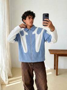 Manfinity Unisex 男士时尚休闲宽松日常穿着拼接灯芯绒长袖衬衫，秋冬季，情侣装 - 淺藍色 - 查看 2