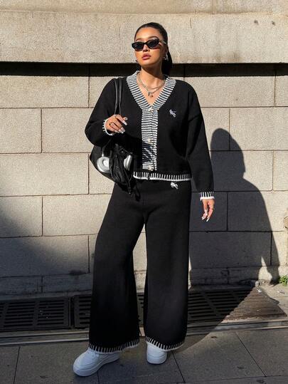 Solflare 大码女式刺绣条纹落肩长袖针织开衫和针织裤休闲套装