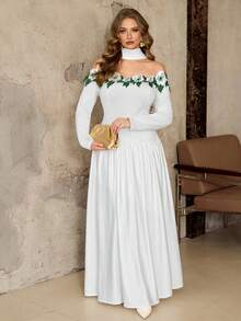 Roveilla 大码女式白色露肩褶皱A字长袖碎花边连衣裙，优雅甜美，适合约会、海滩度假、婚礼、情人节等场合。 - 白色 - 查看 5