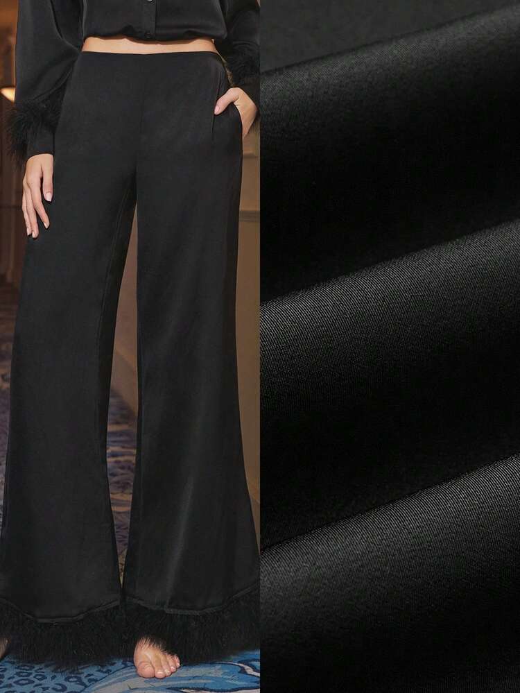 SHEIN Maija Eleganckie damskie eleganckie dojazdy do pracy proste uniwersalne jednolity kolor patchwork sztuczne futro luźne spodnie dzwony garnitury damskie świąteczne damskie noworoczne damskie czarne spodnie garnitur damskie eleganckie spodnie dla kobiet