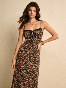 Poéselle 女士印花蕾丝拼接吊带连衣裙 - 黑色 - 查看 4