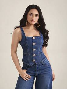 SHEIN Tall Chaleco vaquero de mujer con cuello cuadrado, flor de metal y abotonadura sencilla - Azul - Ver 5