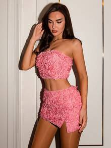 Glamine New Women's Knit Embroidered Mini Top : Elegant, Sexy, Playful Craftsmanship Fabric. Pink Mini Top Essential For Valentine's Day, Women's Elegant Crop Top Women's Party Top Pink Women's Crop Top - Pink - View 3